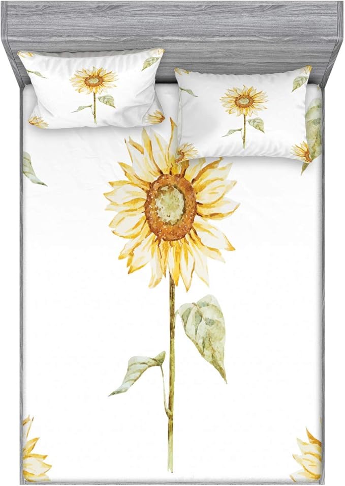 Ambesonne Sunflower Fitted Sheet & Pillow Sham Set, Sunflowers Watercolor Painting Effect and in Minimalistic Design Artwork, Decorative Printed 3 Piece Bedding Decor Set, Queen, Yellow Green White