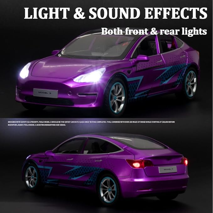 1/24 Scale Diecast Car Model 3, Alloy Diecast Toy Cars Pull Back Toys with Sound & Light, Vehicles Toys for Kids Gift Car Lovers Collection (1/24 Model 3 -Purple)
