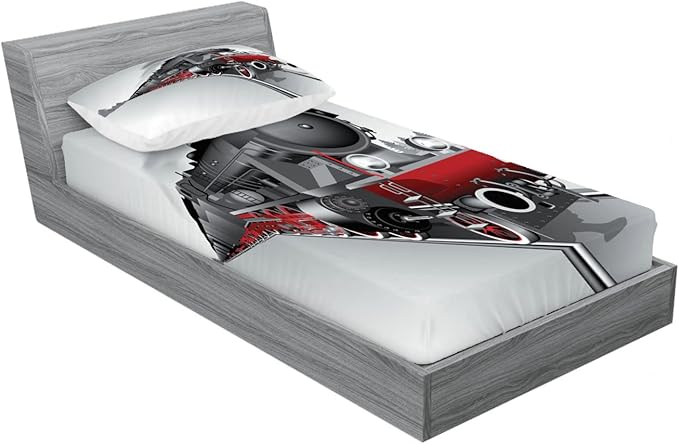 Ambesonne Steam Engine 2 Pack Fitted Sheet & Pillow Sham Set, Railway Train Art, 4 Pcs Bedding Decor, Package Contains 2 Twin Size Fitted Sheets & 2 Pillow Covers, Red