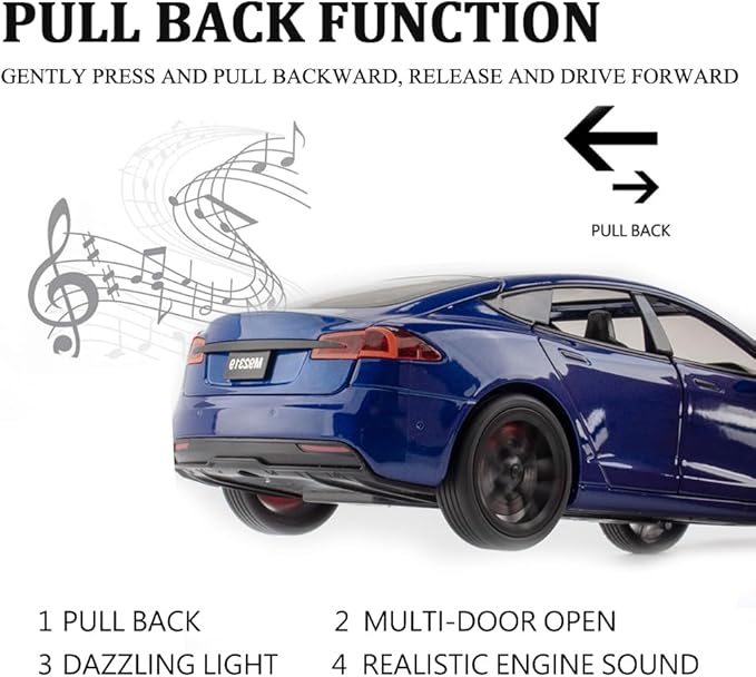 1/24 Scale Diecast Car Model S, Alloy Diecast Toy Cars Pull Back Toys with Sound & Light, Vehicles Toys for Kids Gift Car Lovers Collection (1/24 Model S -Blue)