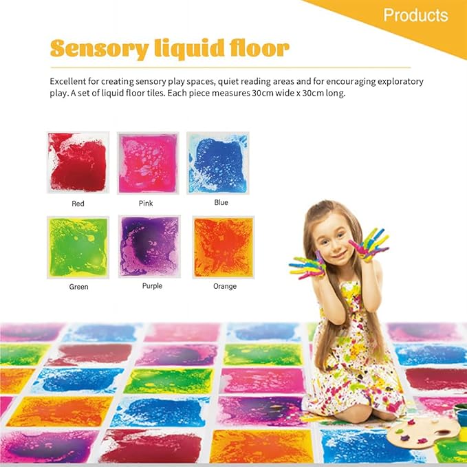 Sensory Liquid Floor Tiles for Kids Austism, Colorful Decorative Liquid Tiles, Early Learning Toys, Activity Play Mats with Anti-Slip Backing, Multi-Color Set of 6 Pack 12" x 12"