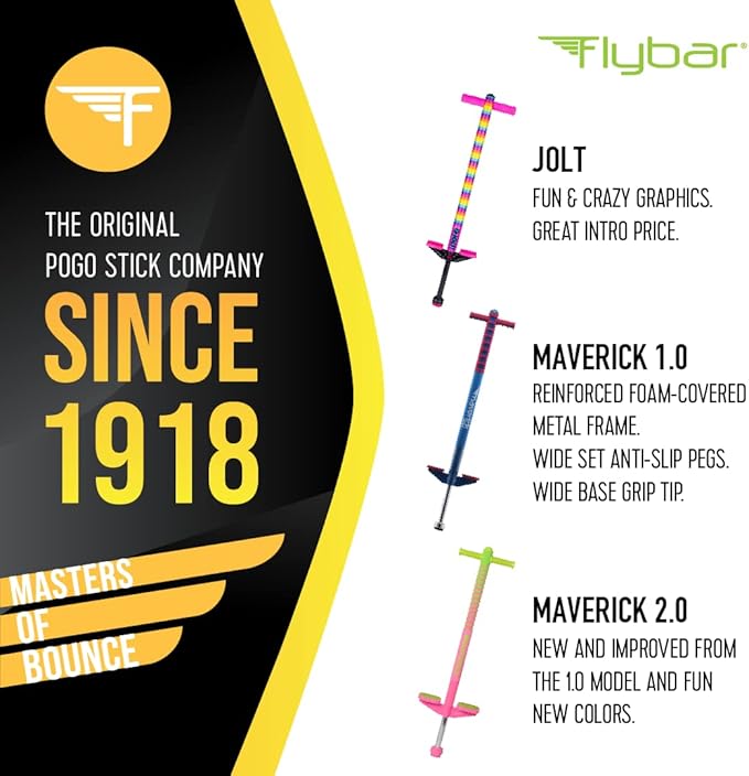 Flybar Maverick Pogo Stick for Kids Ages 5+, 40 to 80 Pounds, Perfect for Beginners, Easy Grip Handles, Anti-Slip Pegs, Outdoor Toys for Boys and Girls
