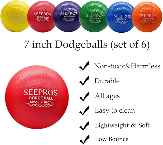Foam Dodgeball Set - Soft Skin, Low Bounce, Set of 6 with Mesh Storage Bag for Kids and Adults