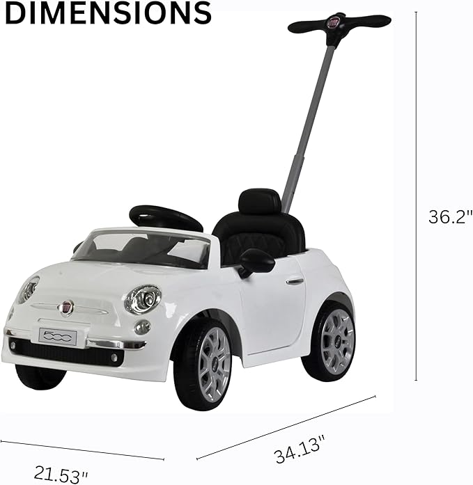 Best Ride On Cars Fiat 500 Push Car, with Stroller, Adjustable Footrest and Handle, Horn, Music, Stable Wheels, For Kids Aged 2-3 Years, 37 x 19 x 12 inches, Large, White