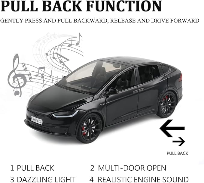 1/24 Scale Diecast Car Model X, Alloy Diecast Toy Cars Pull Back Toys with Sound & Light, Vehicles Toys for Kids Gift Car Lovers Collection (1/24 Model X -Black)