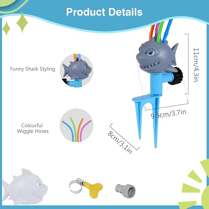 MoKo Water Sprinkler for Kids, Shark Toddler Outdoor Toys with 4 Wiggle Tubes and Hose Clamp, Outdoor Play Toys Spray Up to 8ft, Summer Water Toys Sprinklers for Yard Lawn Garden Pool, Gray