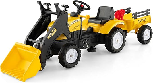 Olakids Kids Ride on Excavator, Pedal Digger Car Bulldozer with Manual Control Bucket, Detachable Cargo Trailer, Shovel, Rake, 6 Wheels, Horn, Construction Tractor for Toddlers 3+