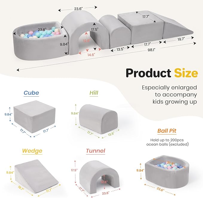 Foam Climbing Blocks for Toddlers, 5-Piece Tunnel Climber and Crawl Playset, Indoor Activity Play with Ball Pit, Machine Washable Velvet Cover, Soft Climbing Toy for Kids 1-3 (Gray)