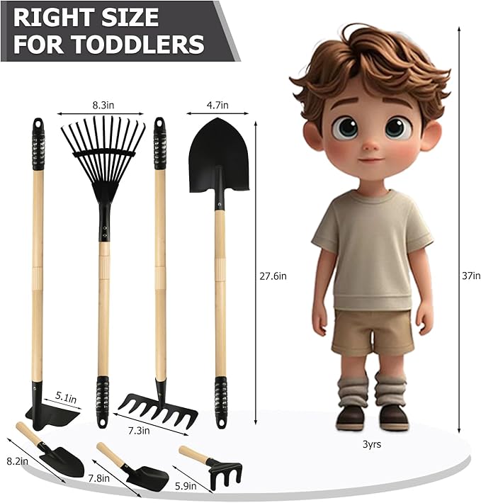 7PCS Kids Gardening Tools, Long Shovel, Rake for Leaves, Spade, Hoe, Steel Heads & Real Wood Handle, Yard Tools for Children Toddlers Gifts