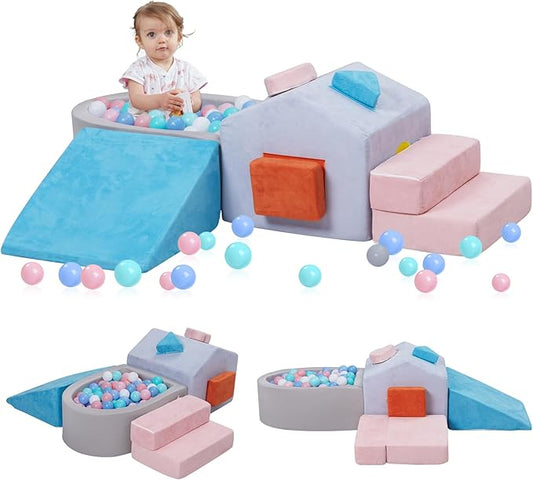 Foam Climbing Blocks for Toddlers,6 Pieces Soft House-Shaped Play Gym with Safety Edges,Montessori Toys for Indoor Active Play,Balance & Motor Skills Development,Colorful(Balls not included)