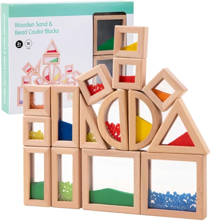 Rainbow Sensory Toys Blocks,15 Large Pcs Wooden Building Blocks for Toddlers Baby Kids,Colorful Geometric Stacking Toys, Preschool Educational Toy Set, Children's Day Gift