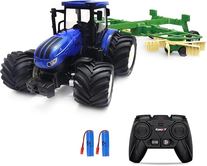 RC Truck Farm Tractor with 2 Rechargeable Batteries - 2.4G 1/24 High Simulation Construction Vehicle with Dual Rotary Swath Windrower,Remote Control Toy with Lights, Hobby Model Toys for Kids 3-6