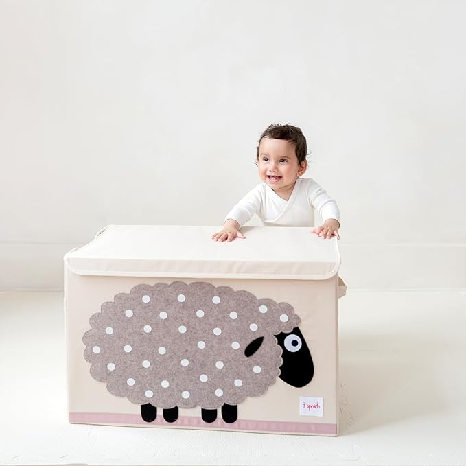 3 Sprouts Large Toy Chest for Kids with Lid and Handles - Collapsible Toy Storage Bin/Trunk/Box/Basket Organizer for Boys & Girls Playroom, Nursery, Sheep
