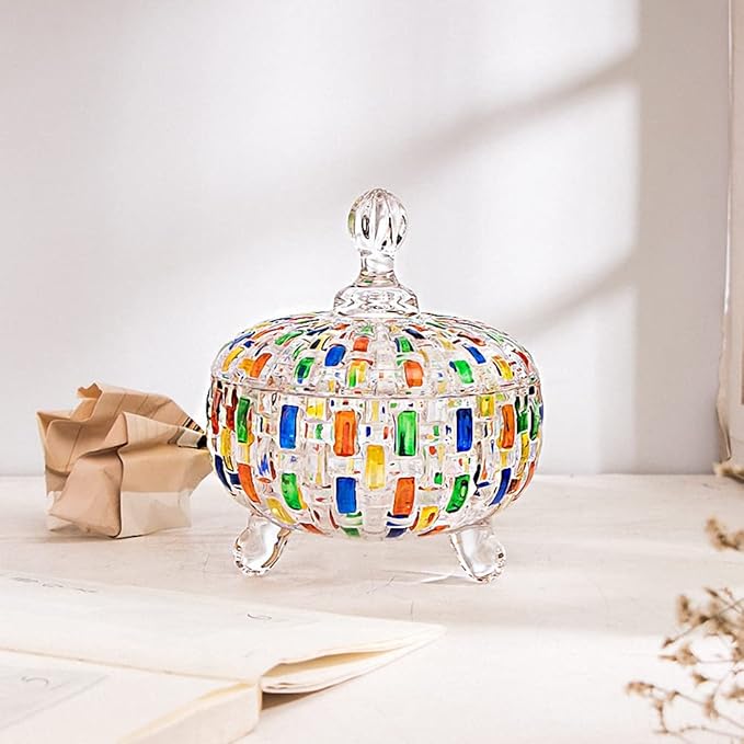 Elegant-Hand Painted Colorful Large Crystal Glass Candy Box,Candy jars with Lid,Storage Jewelry Jar,Candy dish covered,Great Gift for Family Friends-24 oz-Cute Candy servers.