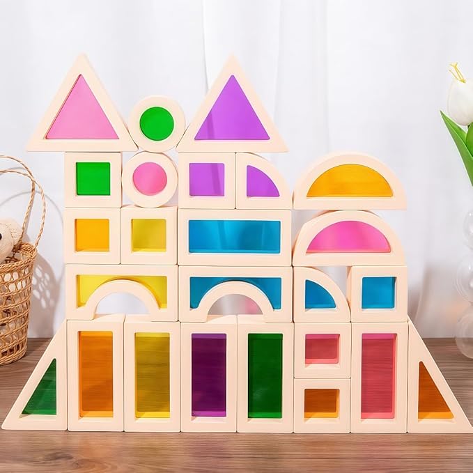 Rainbow Blocks,Acrylic Building Block,Rainbow Stacking Sensory Toys,Toys Set Colorful Preschool Learning Educational Toys for Boys and Girls, Blocks for Toddlers 1-3, Children's Day Gift (25 PCS)