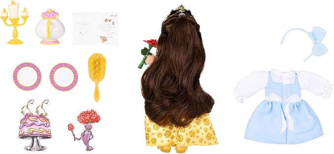 Disney Princess Belle Doll Be Our Guest Petite Belle Doll with Mrs. Potts & Lumiere, in Yellow Ball Gown and Blue Village Dress Fashions