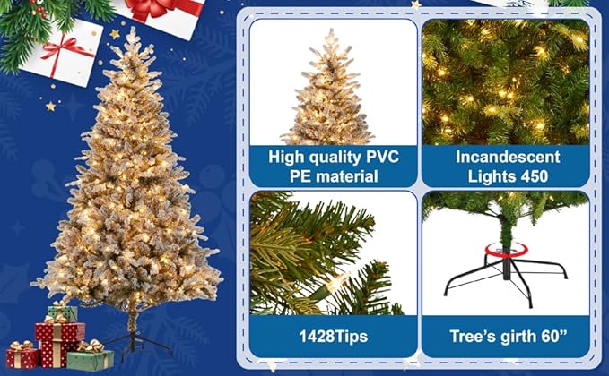 Eclolumi6.5 FT Christmas Trees with Lights, with Remote Control, Pre-Lit Green Artificial Hinged Spruce Christmas Tree with 1428 Tips, 450 LED for Home, Party Decoration (White 6.5FT)