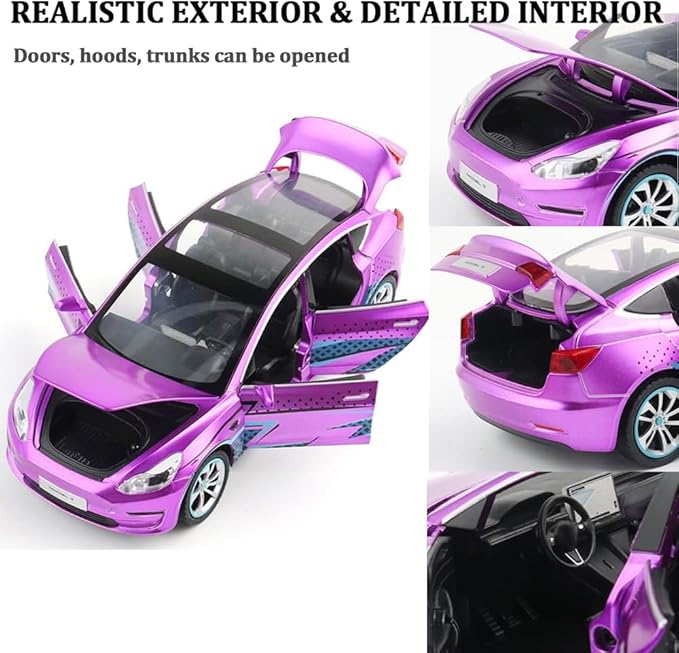 1/24 Scale Diecast Car Model 3, Alloy Diecast Toy Cars Pull Back Toys with Sound & Light, Vehicles Toys for Kids Gift Car Lovers Collection (1/24 Model 3 -Purple)