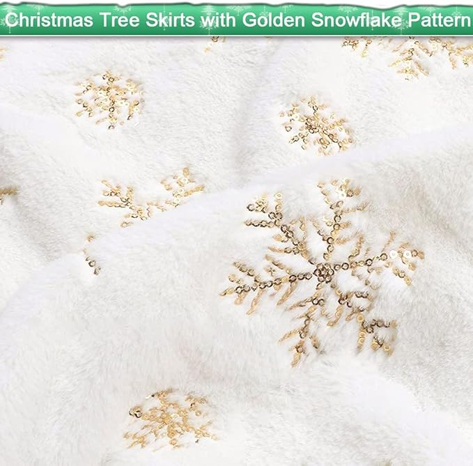 Christmas Tree Skirts - Vonhen 72 inches Large Faux Fur Christmas Tree Skirt for Merry Christmas Party Christmas Tree Decoration with Sequin Gold Snowflakes