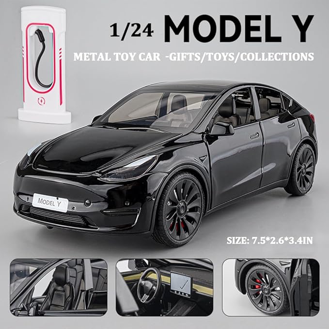 1/24 Scale Diecast Car Model Y, Alloy Diecast Toy Cars Pull Back Toys with Sound & Light, Vehicles Toys for Kids Gift Car Lovers Collection (1/24 Model Y -Black)