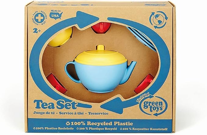 Green Toys Tea Set, Blue/Red/Yellow - 17 Piece Pretend Play, Motor Skills, Language & Communication Kids Role Play Toy. No BPA, phthalates, PVC. Dishwasher Safe, Recycled Plastic, Made in USA.
