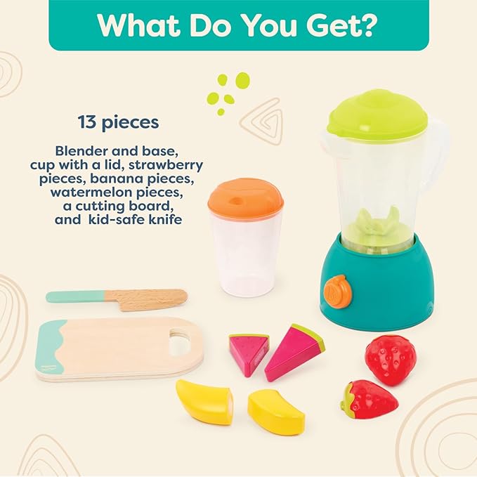 B. Toys-Mini Chef - Fruity Smoothie Playset - Pretend Smoothie Set - Toy Blender & Kitchen Accessories - Food, Cup, Cutting Board, Knife - Role-Play Toys for Kids - 3 Years +