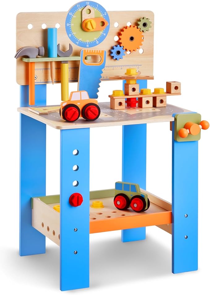 VEVOR Kids Workbench, 62 pcs Wooden Tool Bench for Kids 3 Years and Up, Toddler Toy Workbench with Realistic Tools, Building Set Creative & Educational Construction Toy for Boys & Girls