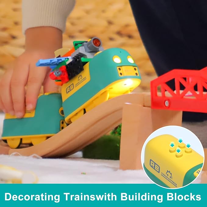 Wooden Train Set, 25 PCS Wooden Tracks, 22 Functions Lights/Music, 3 Game Modes, Preschool Educational Toys Gifts for Kids Age 3-7, Fit Thomas The Train, Brio, Melissa & Doug