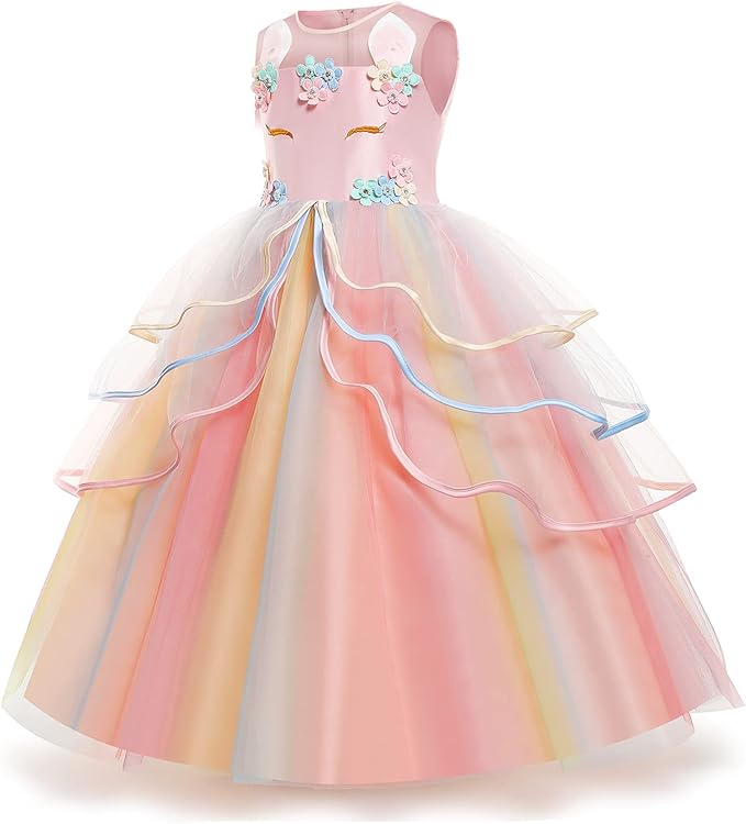 Unicorn Dress for Girls Unicorn Costume Pageant Princess Party Birthday Long Gown with Unicorn Headband & Necklace