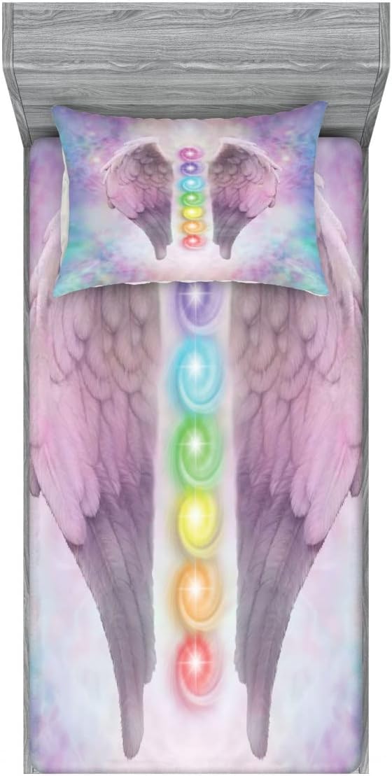 Ambesonne Wings Print 2 Pack Fitted Sheet & Pillow Sham Set, Energy Silhouettes Art, 4 Pcs Bedding Decor, Package Contains 2 Twin Size Fitted Sheets & 2 Pillow Covers, Light Plum