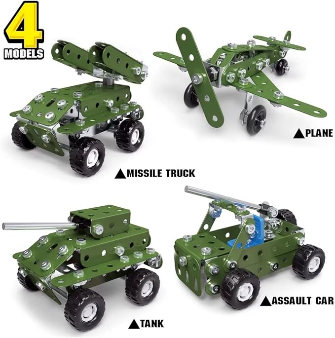 Metal Building Military Series Assembly Toys,Small Erector Set for Kids Ages 4-8, Military Toys for Boys Age 8-12,STEM Toy Gifts for Model Military Kit(166pcs No Motor)