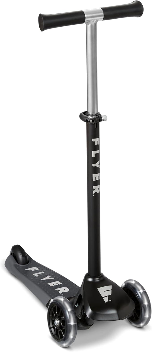 Kids Scooter, 3 Wheel Scooter, Flyer Glider Pro with Light Up Wheels, Black, Radio Flyer Ride On Toys for Kids 5-12 Years Old, for Outdoor Riding