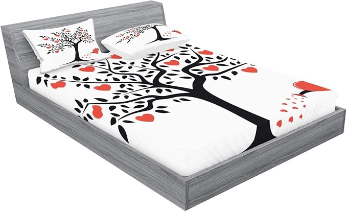 Ambesonne Valentines Day Fitted Sheet & Pillow Sham Set, Love Tree with Heart Romance Fruits Leaves Forest Couple Art, Decorative Printed 3 Piece Bedding Decor Set, King, Vermilion Black