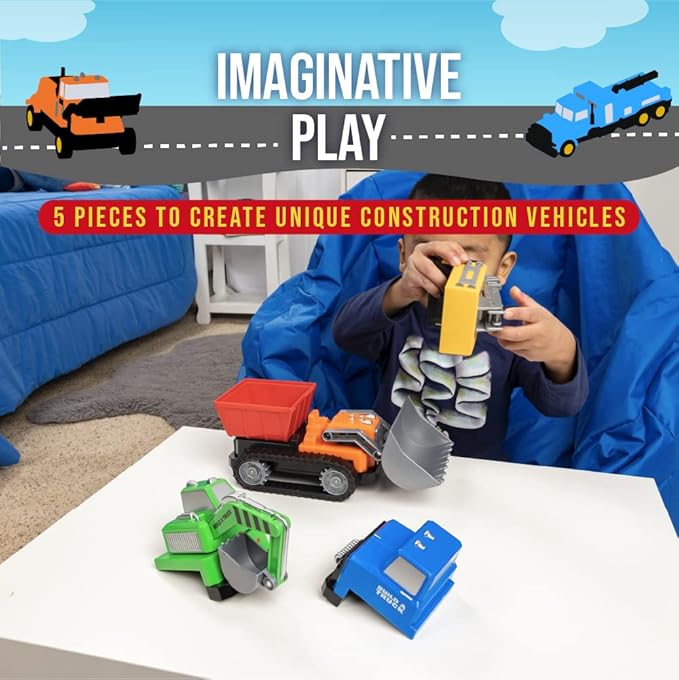 POPULAR PLAYTHINGS Magnetic Build-a-Truck Set - 4 Construction Vehicles with Real Construction Site Sounds