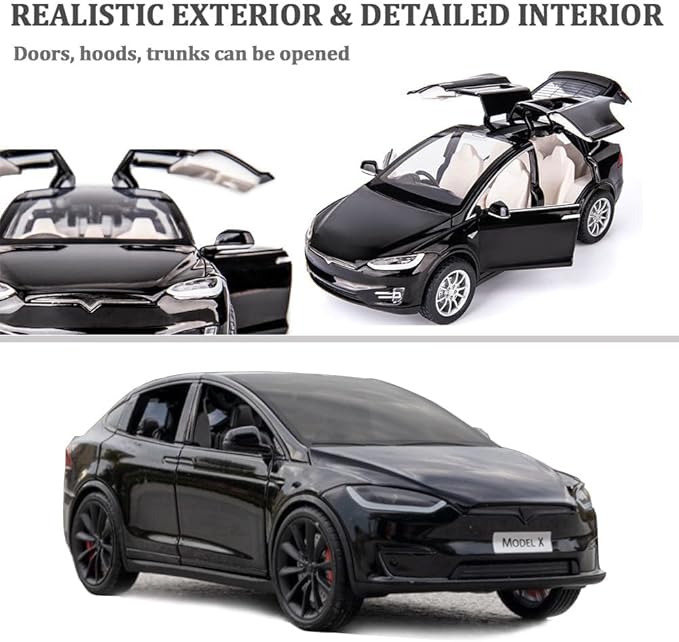 1/24 Scale Diecast Car Model X, Alloy Diecast Toy Cars Pull Back Toys with Sound & Light, Vehicles Toys for Kids Gift Car Lovers Collection (1/24 Model X -Black)