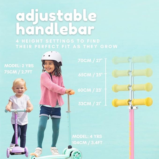 Teeny | 3 Wheel Scooter for Kids & Toddlers Ages 2-6 Years | Flashing Wheels | Height Adjustable 53 to 70 cm | My First Scooter