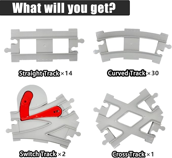 47-Piece Train Track Set,Classic Railway Track with 30 Curved Tracks,14 Straight Tracks,2 Switch and 1 crossoverTracks-Compatible with All Major Brands,Light Grey Toy Track Accessory for Kids