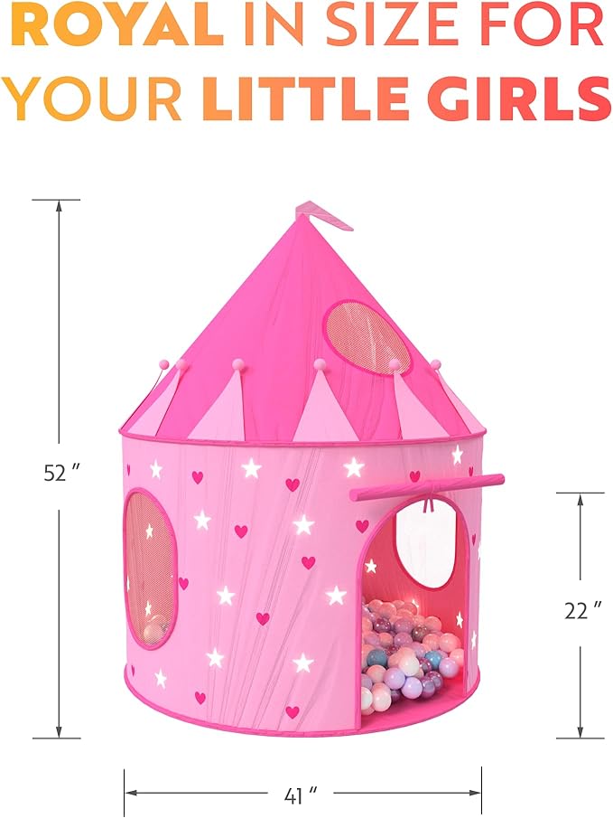 Playz 5-Piece Princess Castle Girls Pop Up Play Tent & Dress Up Costume Bundle - Playhouse Gift for Girls & Toddler for Indoor & Outdoor Use with Pink Fairy Tale Carrying Bag & Glow in The Dark Stars