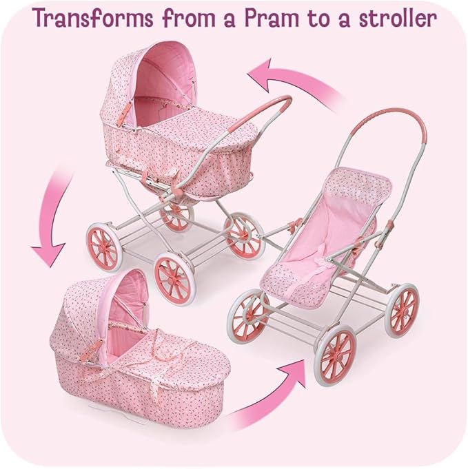 Badger Basket Just Like Mommy 3-in-1 Convertible Doll Pram, Carrier & Stroller - Pink Rosebud - Fits 18 to 22-Inch Dolls