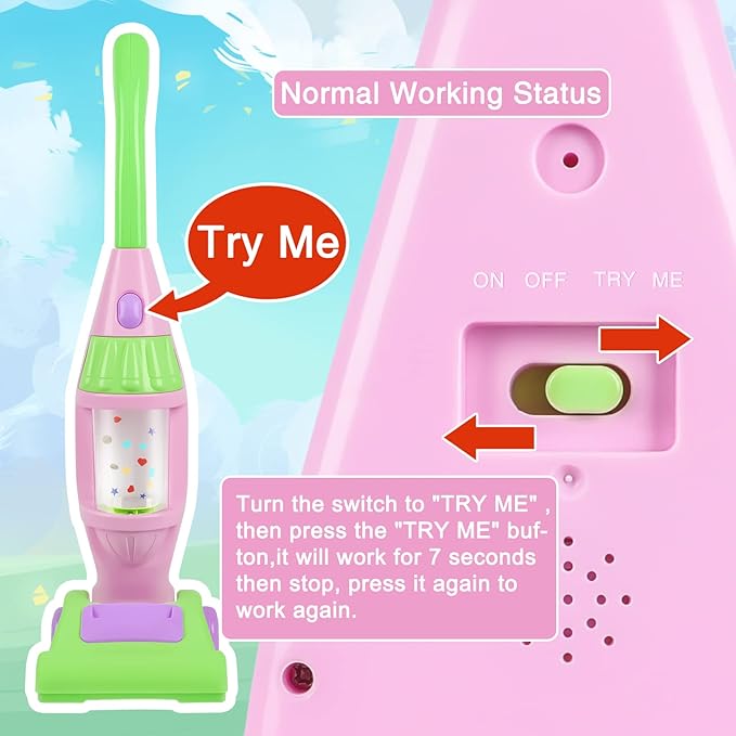 Kids Pink Vacuum Cleaner with Light & Realistic Sounds - Pretend Role Play Household Cleaning Set, Kids Cleaning Toys for Toddler Children (Pink Color)