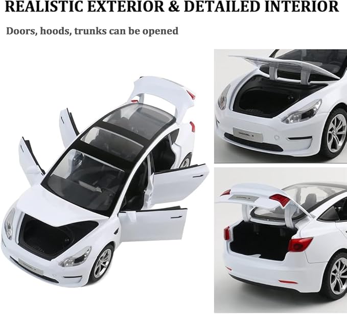 1/24 Scale Diecast Car Model 3, Alloy Diecast Toy Cars Pull Back Toys with Sound & Light, Vehicles Toys for Kids Gift Car Lovers Collection (1/24 Model 3 -White)