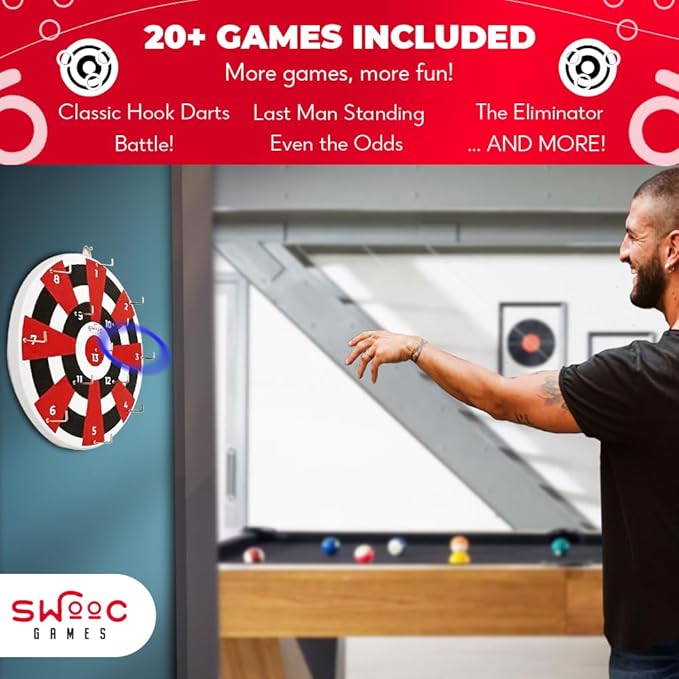 SWOOC Games ‒ Hook Darts Ring Toss Game ‒ Wood Board & Soft Rings ‒ 20+ Games Included for Kids & Adults ‒ Wall Mounted Ring and Hook ‒ Indoor & Outdoor Wall Decor for Game Room, Patio, Garage, Yard