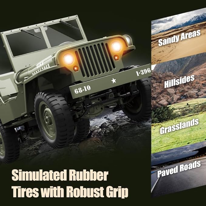 1/10 Willys MB RC Car, 2.4Ghz Military Truck 4WD RC Crawler with Turn Signal Light, Front Winch, Tarpaulin, Hobby RC Truck Off-Road Military Car, Metal Shaft, 4x4 Off Road Vehicle RTR, 2 Batteries