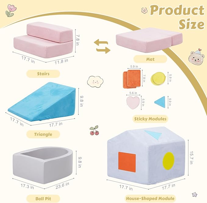 Foam Climbing Blocks for Toddlers,6 Pieces Soft House-Shaped Play Gym with Safety Edges,Montessori Toys for Indoor Active Play,Balance & Motor Skills Development,Colorful(Balls not included)
