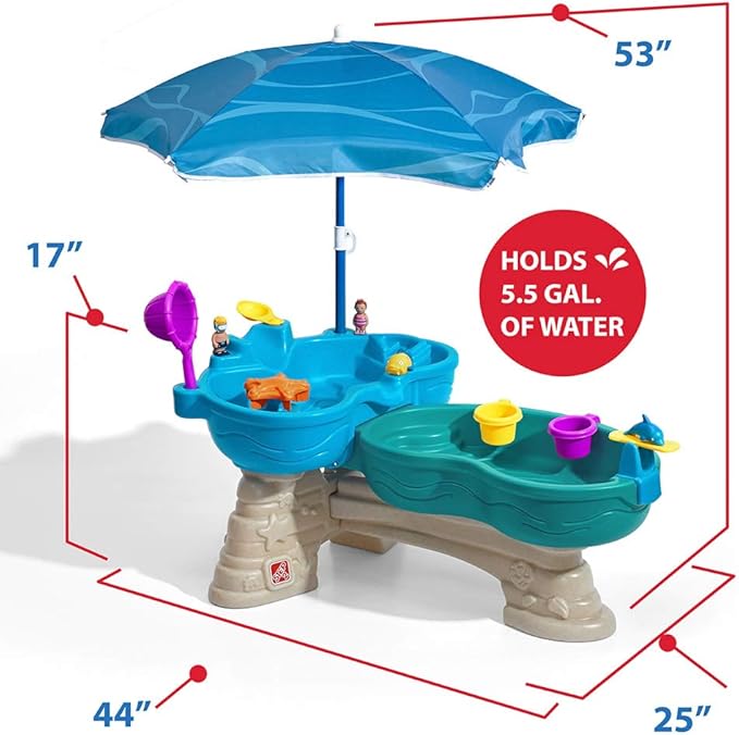 Step2 Spill & Splash Seaway Water Table, Kids Two-Tier Water and Sand Activity Sensory Playset, Comes with Umbrella, Summer Outdoor Toys, 11 Piece Toy Accessories, For Toddles 1.5+ Years Old