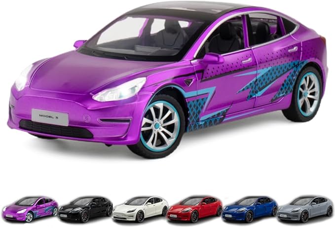 1/24 Scale Diecast Car Model 3, Alloy Diecast Toy Cars Pull Back Toys with Sound & Light, Vehicles Toys for Kids Gift Car Lovers Collection (1/24 Model 3 -Purple)