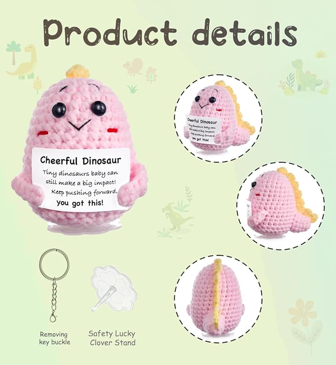 Funny Easter Basket Stuffers Positive Crochet Animals Dinosaur, Stress Relief Gifts for College Student Graduation Boyfriend Husband Women Birthday Desk Decor(Pink Dinosaur)