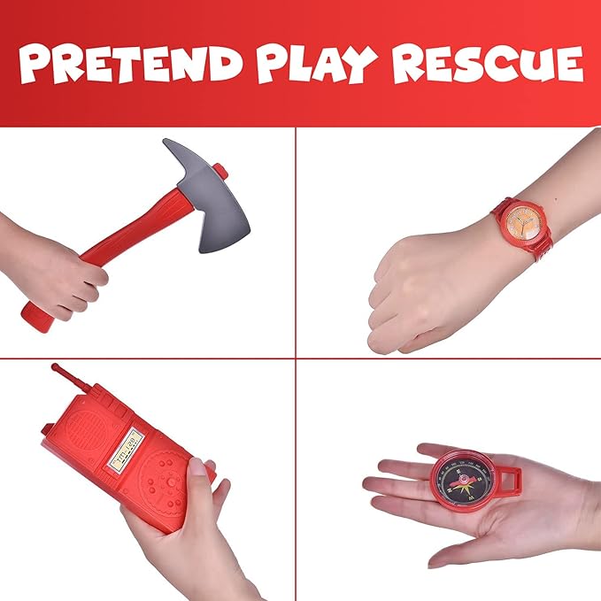 Liberty Imports 10 PCs Fireman Gear Firefighter Costume Role Play Career Dress Up Starter Toy Accessories Pretend Play Set with Helmet, Tools for Kids, Toddlers