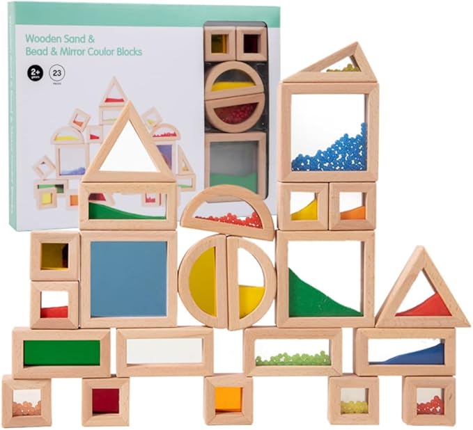 Rainbow Sensory Toys Blocks,15 Large Pcs Wooden Building Blocks for Toddlers Baby Kids,Colorful Geometric Stacking Toys, Preschool Educational Toy Set, Children's Day Gift