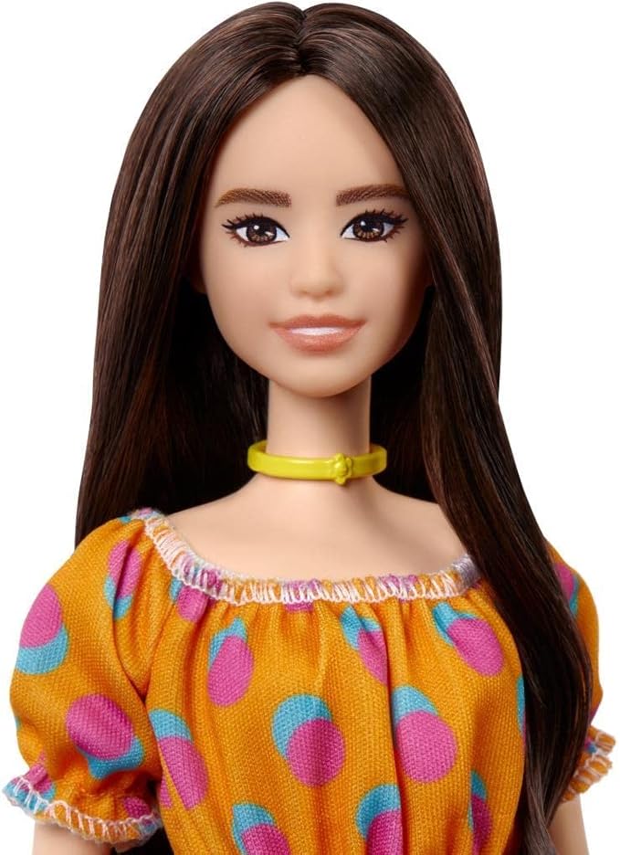 Barbie Fashionistas Doll #160 with Long Brunette Hair Wearing Patterned Orange Dress, White Shoes & Yellow Choker, Toy for Kids 3 to 8 Years Old